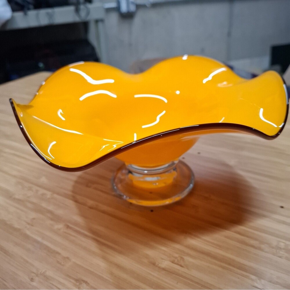 Teleflora MCM Orange Handblown Art Glass Ruffled Footed Compote Pedestal Bowl